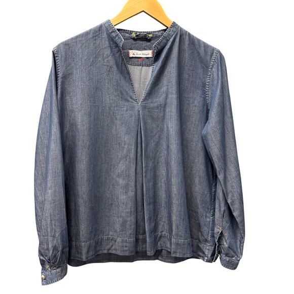 Le Sarte Pettegole Blouse Womens IT46 US Large Blue Chambray V-Neck Coastal - Picture 1 of 9